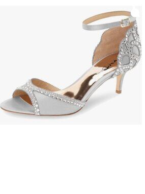 XYD Grey Peep Toe D'Orsay Low Heels Rhinestone Studs Ankle Strap Satin Sandals